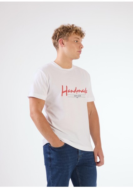 Beyaz Erkek Regular Fit Baskılı Casual O Yaka T-shirt