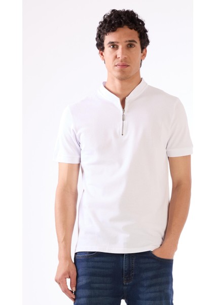 Beyaz Erkek Slim Fit Düz Bomber Yaka T-shirt