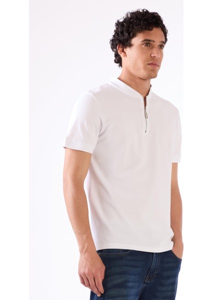 Beyaz Erkek Slim Fit Düz Bomber Yaka T-shirt