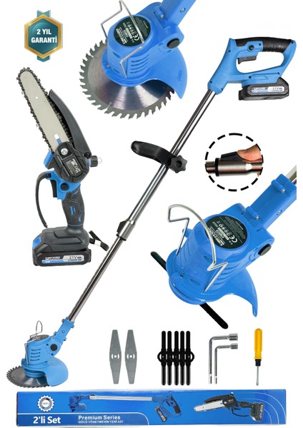 2'li Set 21V Çift Akü Uzatmalı Kollu Çalı Ot Biçme Şarjlı Tırpan ve Testere