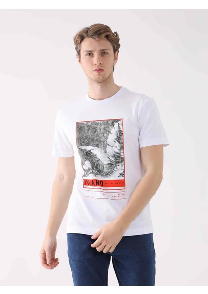 Beyaz Erkek Regular Fit Baskılı Casual O Yaka T-shirt