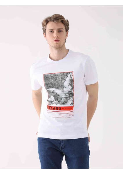 Beyaz Erkek Regular Fit Baskılı Casual O Yaka T-shirt