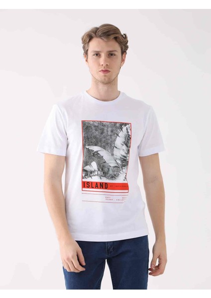 Beyaz Erkek Regular Fit Baskılı Casual O Yaka T-shirt