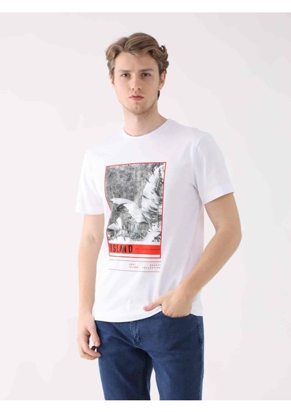Beyaz Erkek Regular Fit Baskılı Casual O Yaka T-shirt