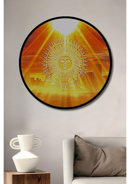 Çerçeve Görünümlü Güneş Tanrısı Şehir Manzarası Yağlı Boya Görünümlü Ahşap Ofis Yuvarlak Tablo