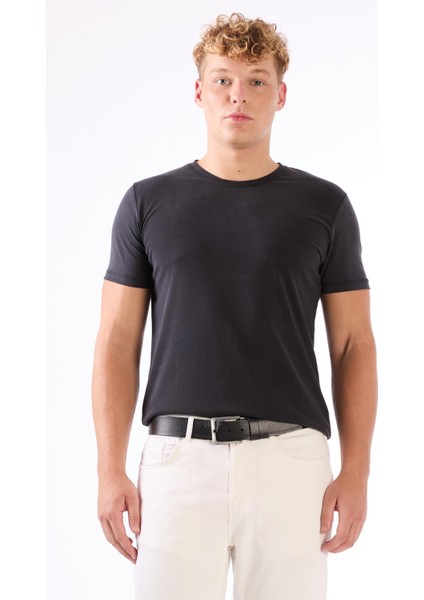 Siyah Erkek Slim Fit Düz O Yaka T-shirt