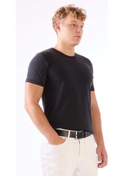 Siyah Erkek Slim Fit Düz O Yaka T-shirt