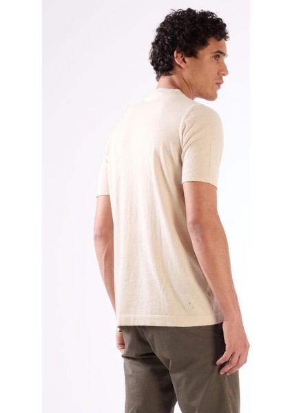 Bej Erkek Slim Fit Düz Düğmeli O Yaka Triko