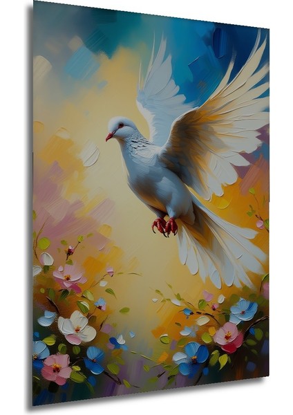Beyaz Güvercin ve Bahar Çiçekleri Yağlı Boya Görünümlü Dekoratif Ahşap Ev/işyeri/ofis Kare Tablo modelleri
