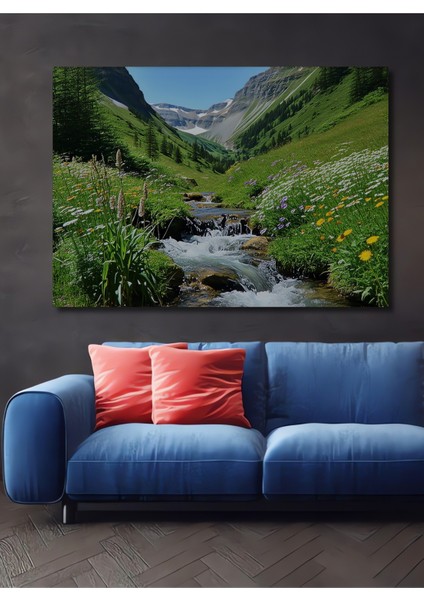 Sulu Boya Görünümlü Yeşil Vadi Çiçek Şöleni Dekoratif Ahşap Ev/işyeri/ofis Kare Tablo