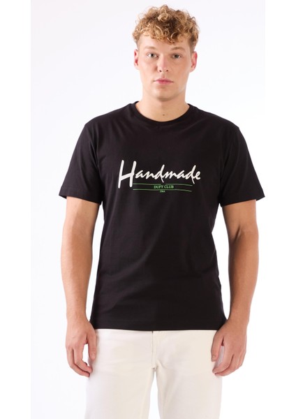 Siyah Erkek Regular Fit Baskılı Casual O Yaka T-shirt