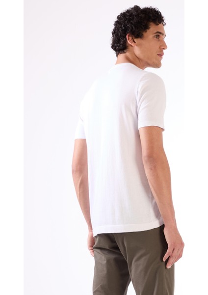 Beyaz Erkek Slim Fit Düz Düğmeli O Yaka Triko