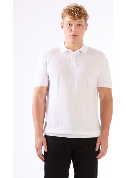Beyaz Erkek Slim Fit Balıksırtı Desenli Polo Yaka Triko