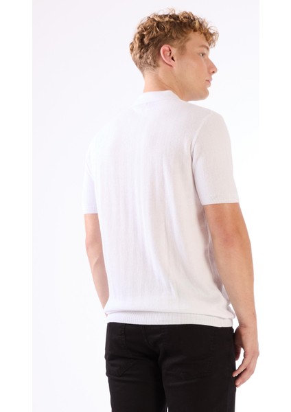 Beyaz Erkek Slim Fit Balıksırtı Desenli Polo Yaka Triko