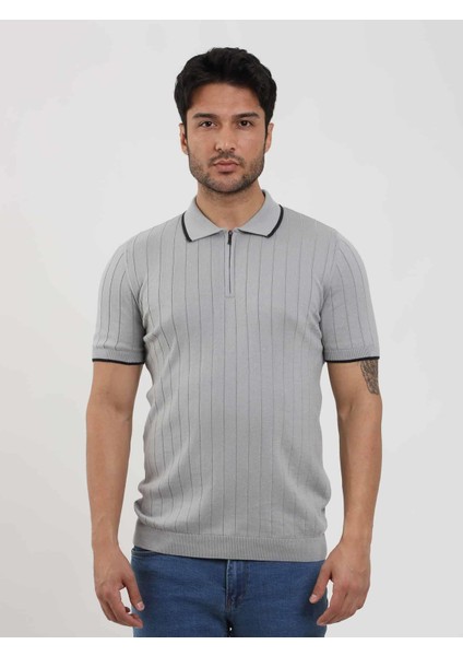 Gri Erkek Slim Fit Fitilli Fermuarlı Polo Yaka Triko