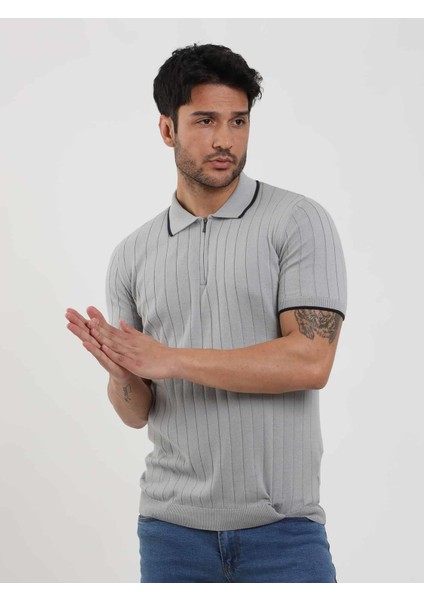 Gri Erkek Slim Fit Fitilli Fermuarlı Polo Yaka Triko