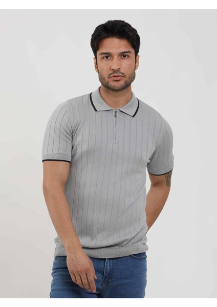 Gri Erkek Slim Fit Fitilli Fermuarlı Polo Yaka Triko