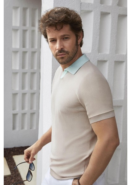 Bej Erkek Slim Fit Düz Polo Yaka Triko