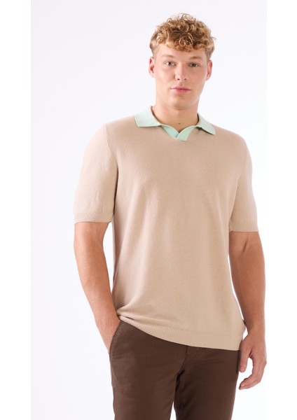 Bej Erkek Slim Fit Düz Polo Yaka Triko