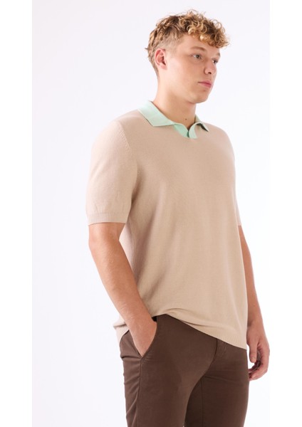 Bej Erkek Slim Fit Düz Polo Yaka Triko
