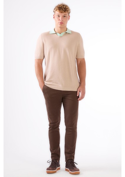 Bej Erkek Slim Fit Düz Polo Yaka Triko