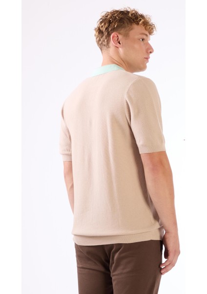 Bej Erkek Slim Fit Düz Polo Yaka Triko