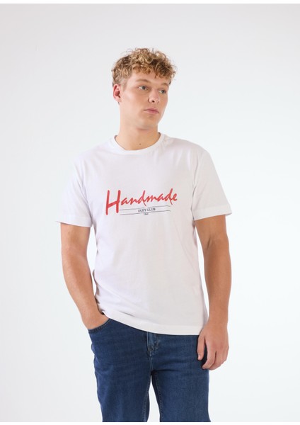 Beyaz Erkek Regular Fit Baskılı Casual O Yaka T-shirt