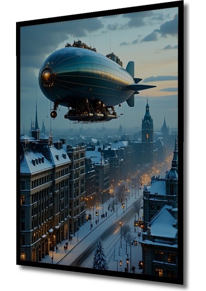 Çerçeve Görünümlü Steampunk Gökyüzü Balonu Klasik Şehir Yağlı Boya Görünümlü Ahşap Ofis Tablo fiyatları
