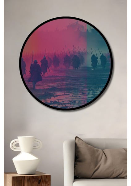Çerçeve Görünümlü Savaş Alanında Pastel Boya Görünümlü Askerler Ofis Ahşap Yuvarlak Tablosu