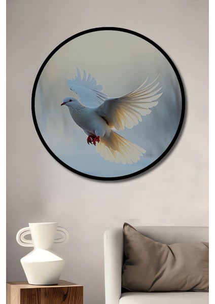 Çerçeve Görünümlü Beyaz Güvercin Yağlı Boya Görünümlü Dekoratif Ahşap Ev/işyeri/ofis Yuvarlak Tablo