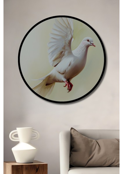 Çerçeve Görünümlü Uçan Beyaz Güvercin Yağlı Boya Görünümlü Dekoratif Ahşap Ofis Yuvarlak Tablo