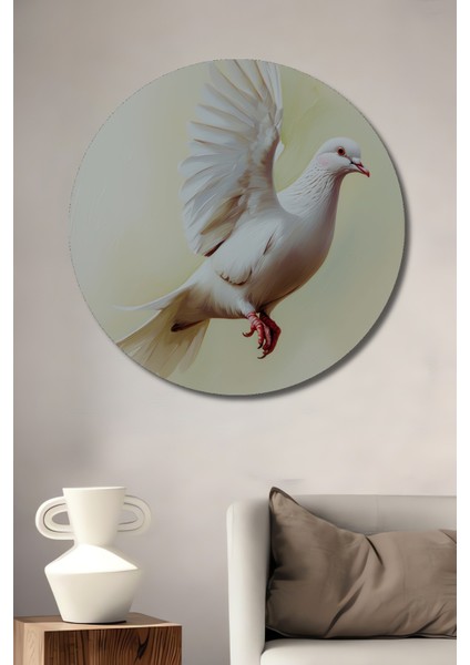 Uçan Beyaz Güvercin Yağlı Boya Görünümlü Dekoratif Ahşap Ev/işyeri/ofis Yuvarlak Tablo