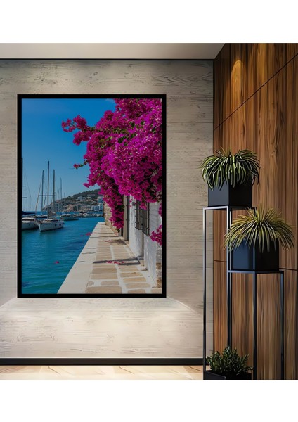 Çerçeve Görünümlü Ege Sahili Begonvil Rüyası Yağlı Boya Görünümlü Dekoratif Ahşap Ofis Kare Tablo