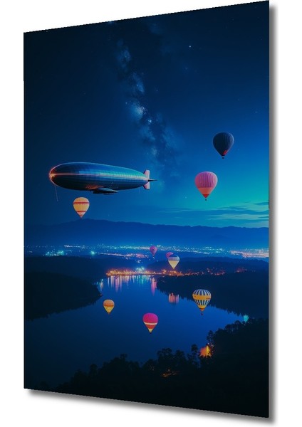 Gökyüzü Balonları ve Zeplin Gece Rüyası Yağlı Boya Görünümlü Dekoratif Ahşap Ev/işyeri/ofis Tablo fiyatları