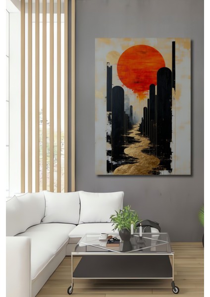 Altın Nehir Soyut Şehir Yağlı Boya Görünümlü Dekoratif Ahşap Ev/işyeri/ofis Kare Tablo