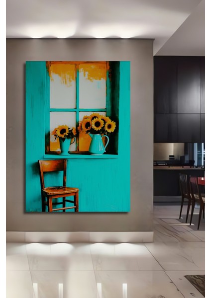 Turkuaz Pencere Önünde Ayçiçekleri Yağlı Boya Görünümlü Dekoratif Ahşap Ev/işyeri/ofis Kare Tablo
