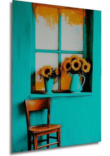 Turkuaz Pencere Önünde Ayçiçekleri Yağlı Boya Görünümlü Dekoratif Ahşap Ev/işyeri/ofis Kare Tablo modelleri