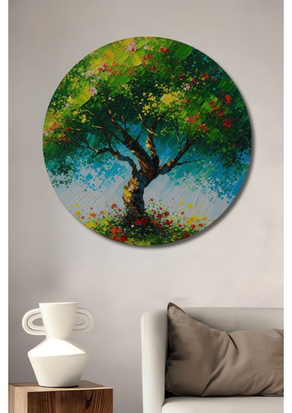 Yağlı Boya Görünümlü Bahar Ağacı Dekoratif Ahşap Ev/işyeri/ofis Yuvarlak Tablo