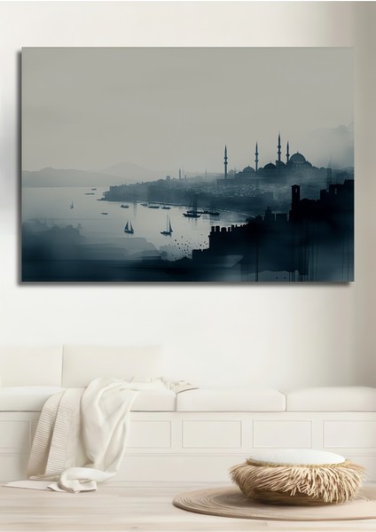 Istanbul Silüeti Sulu Boya Görünümlü Dekoratif Ahşap Ev/işyeri/ofis Kare Tablo