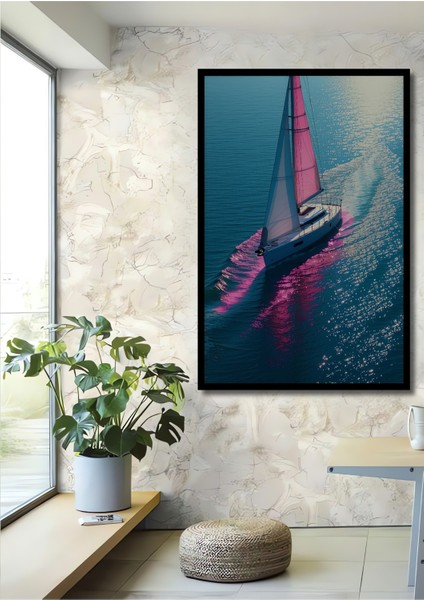 Çerçeve Görünümlü Pembe Yelkenli Modern Sanat Yağlı Boya Görünümlü Dekoratif Ahşap Ofis Kare Tablo