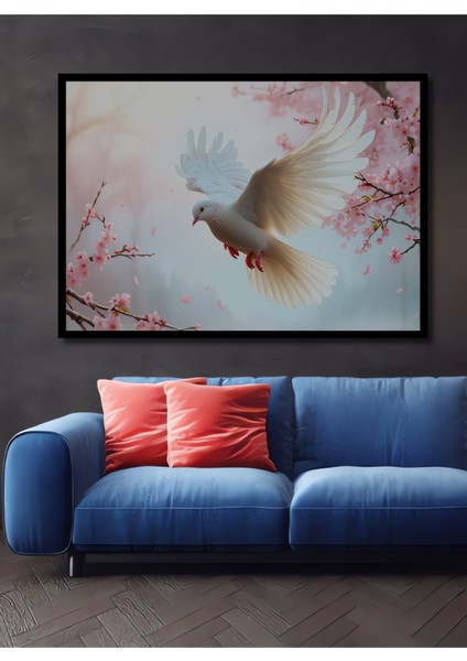 Çerçeve Görünümlü Beyaz Güvercin ve Kiraz Çiçekleri Yağlı Boya Görünümlü Ofis Ahşap Kare Tablo