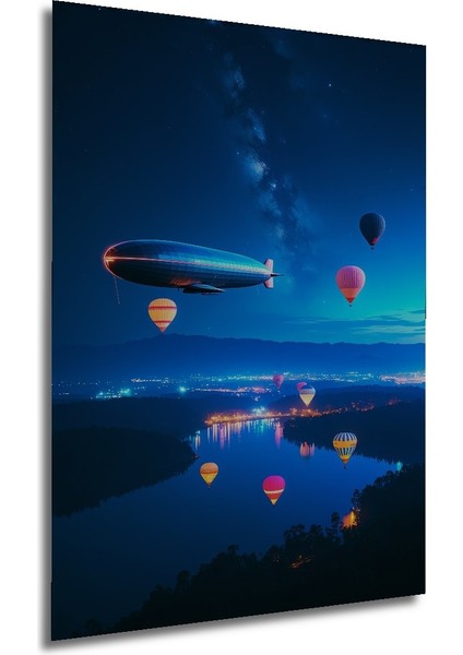 Gökyüzü Balonları ve Zeplin Gece Rüyası Yağlı Boya Görünümlü Dekoratif Ahşap Ev/işyeri/ofis Tablo modelleri