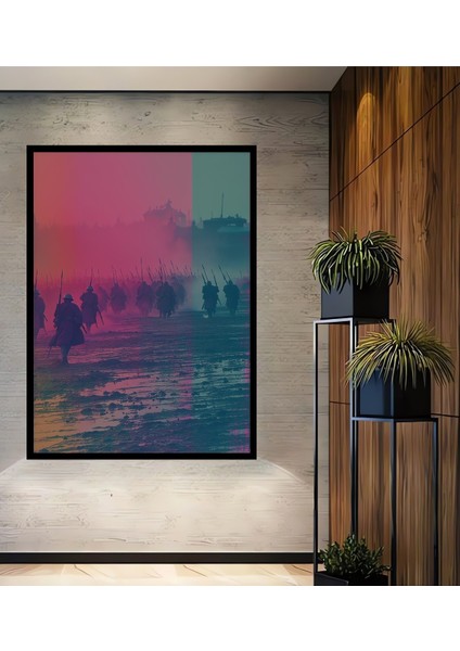 Çerçeve Görünümlü Savaş Alanında Pastel Boya Görünümlü Askerler Ofis Dekoratif Ahşap Kare Tablosu