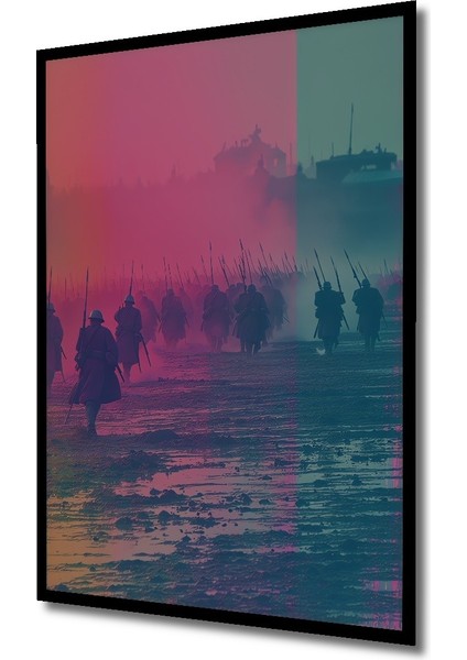 Çerçeve Görünümlü Savaş Alanında Pastel Boya Görünümlü Askerler Ofis Dekoratif Ahşap Kare Tablosu fiyatları