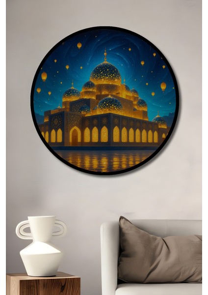 Çerçeve Görünümlü Altın Işıltılı Camii Yağlı Boya Görünümlü Ahşap Ofis Yuvarlak Tablo