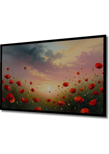 Çerçeve Görünümlü Yağlı Boya Görünümlü Gelincik Tarlası Gün Batımı Ofis Dekoratif Ahşap Kare Tablo fiyatları