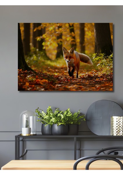 Sonbahar Ormanında Koşan Tilki Yağlı Boya Görünümlü Dekoratif Ahşap Ev/işyeri/ofis Kare Tablo