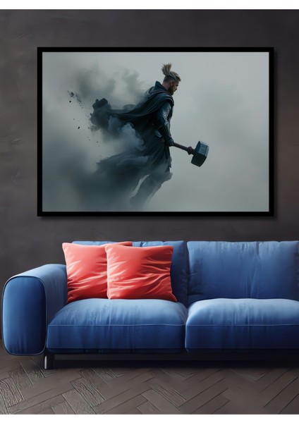 Çerçeve Görünümlü Thor Destansı Çekiç Yağlı Boya Görünümlü Dekoratif Ahşap Işyeri/ofis Kare Tablo