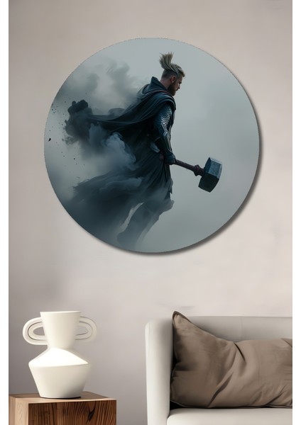 Thor Destansı Çekiç Yağlı Boya Görünümlü Dekoratif Ahşap Ev/işyeri/ofis Yuvarlak Tablo