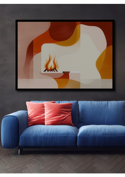Çerçeve Görünümlü Sıcak Renkler Modern Şömine Yağlı Boya Görünümlü Ofis Dekoratif Ahşap Kare Tablo